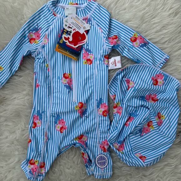 Other - Blue Striped Kids One Piece with Floral Design